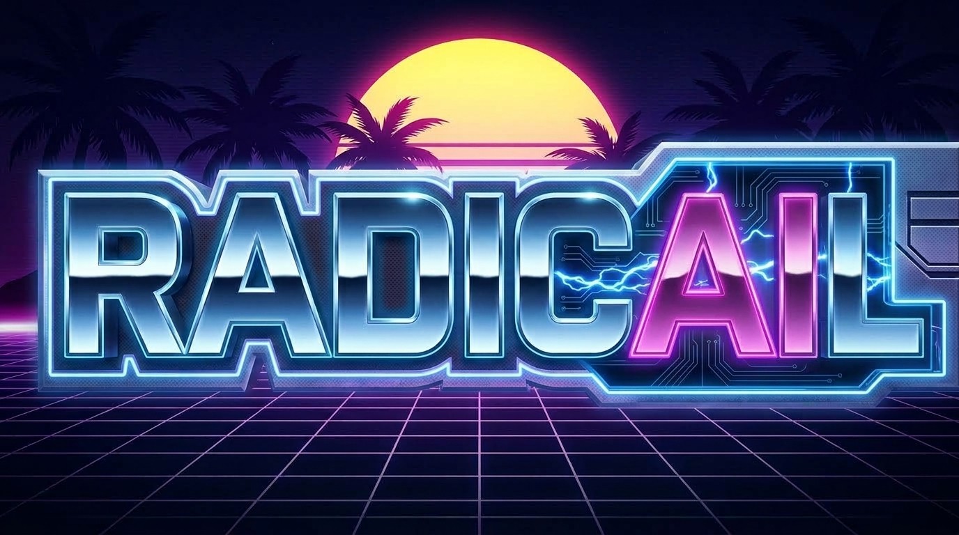 RADICAIL — chrome and neon logo over a synthwave sunset and grid